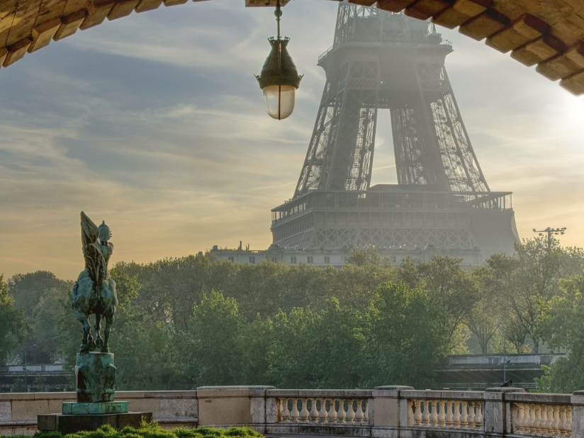 View of Eiffel Tower across the Siene River in Paris France